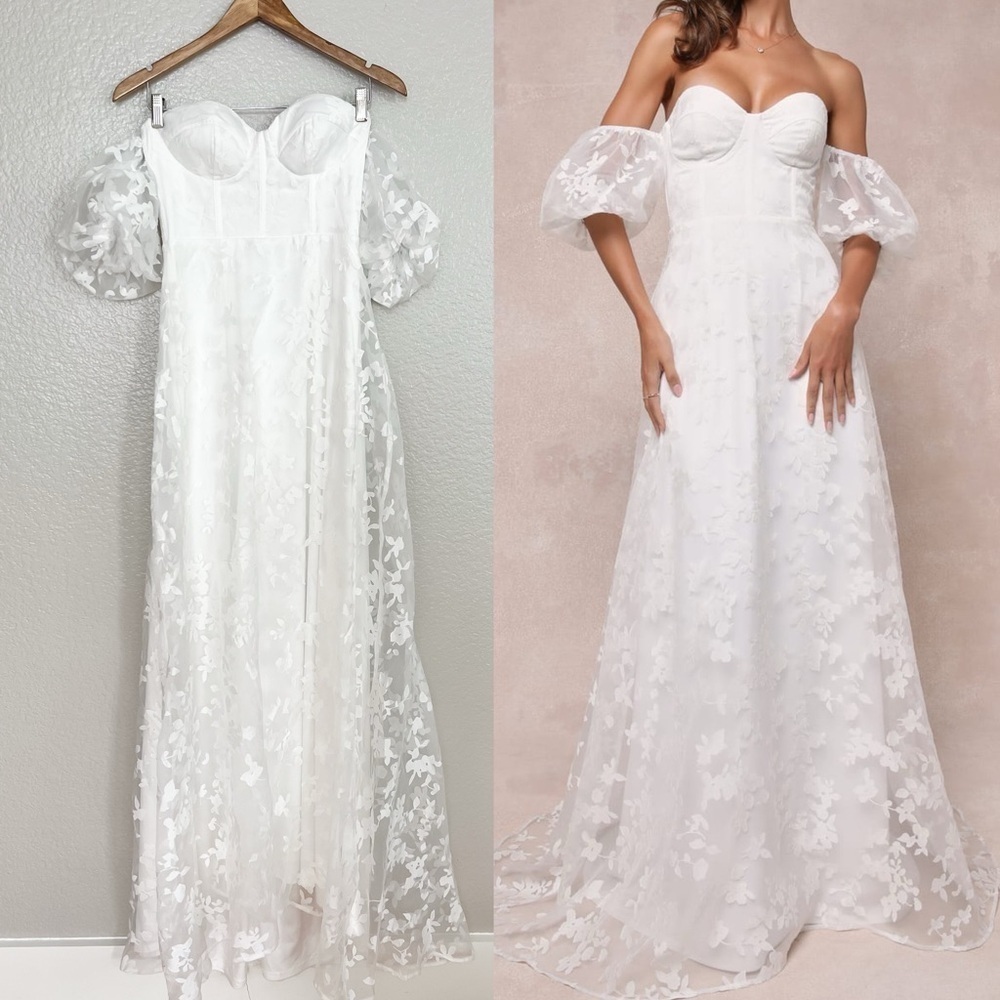 NWOT Romantic Dedication White Floral Off-the-Shoulder Maxi Dress